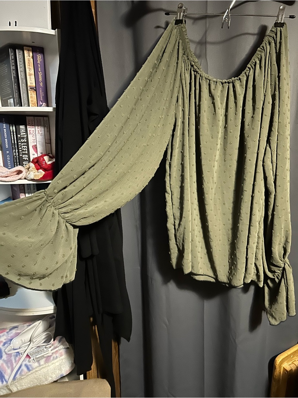 Off-the-Shoulder Olive Green Textured Blouson Sleeve Top